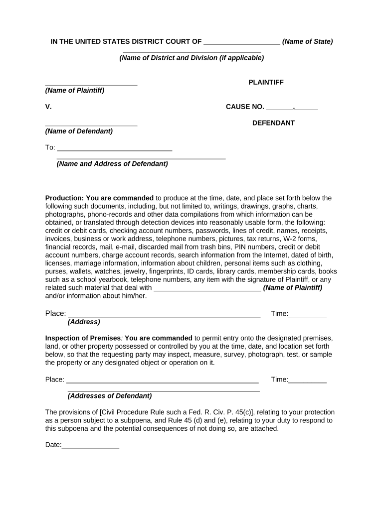 Fill and Sign the Subpoena Template Word Form