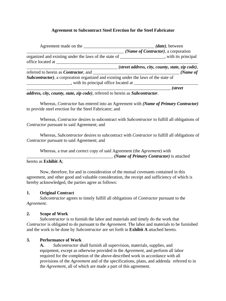 Agreement Subcontract  Form