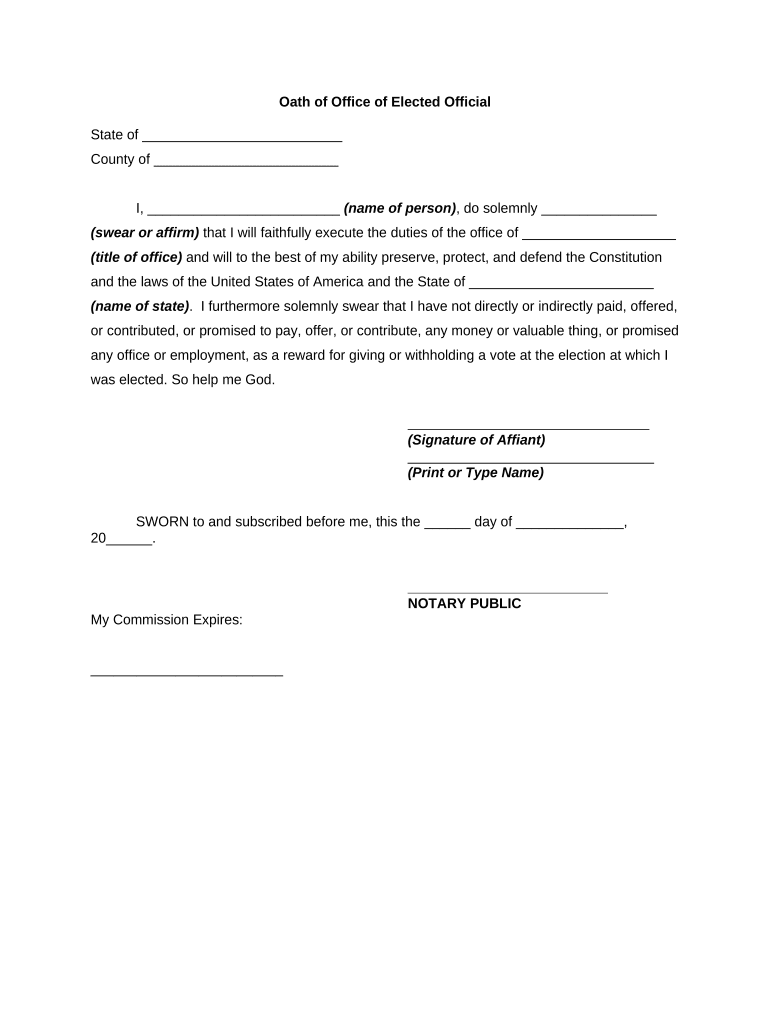 Oath of Office of Elected Official  Form