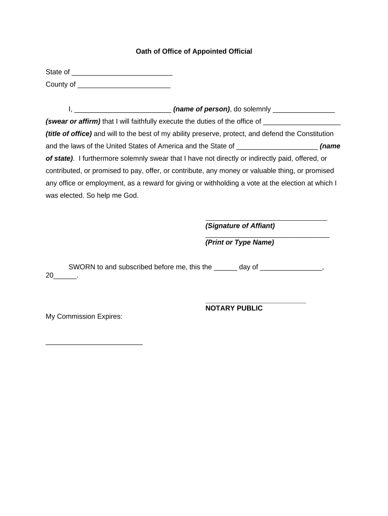 Oath of Office of Appointed Official  Form