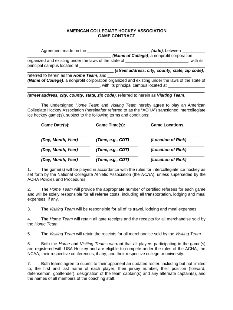 American Collegiate Hockey Association Game Contract  Form