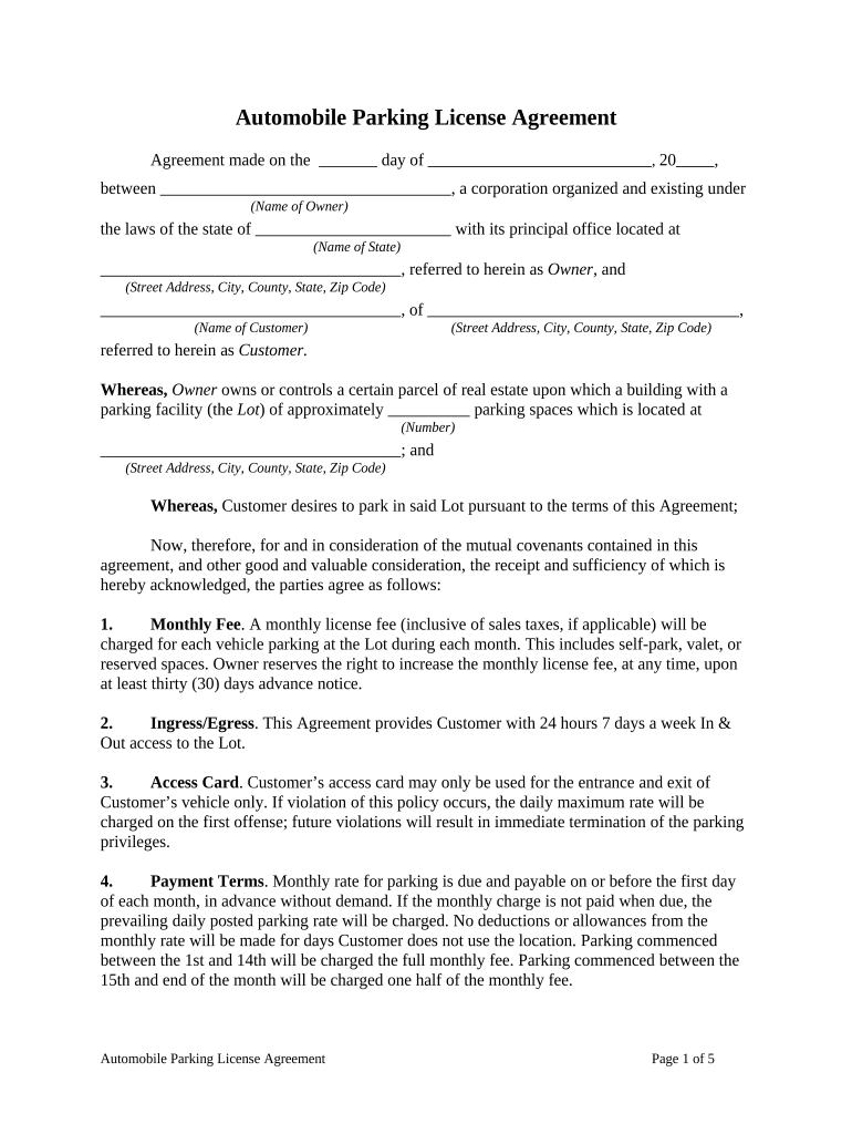 Automobile Parking License Agreement  Form