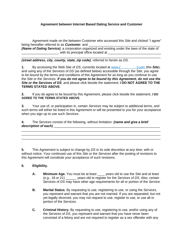 Subscription User Agreement between Internet Based Dating Service and Customer  Form