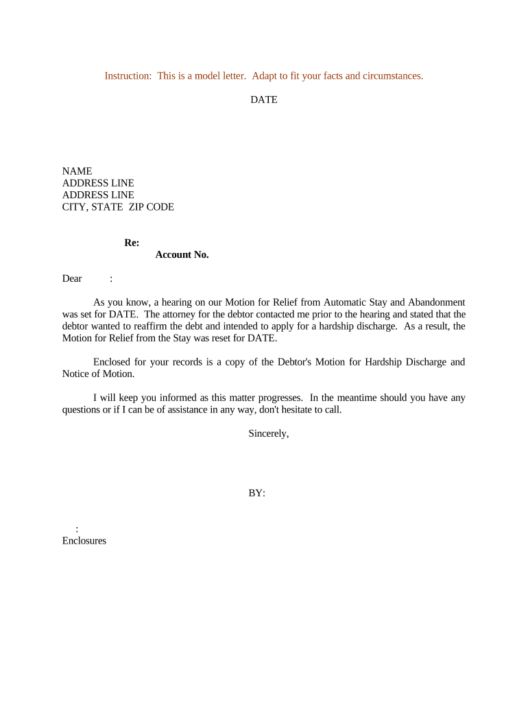 Sample Letter for Debtor's Motion for Hardship Discharge and Notice of Motion  Form