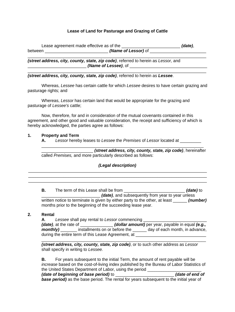 Lease of Land for Pasturage and Grazing of Cattle  Form