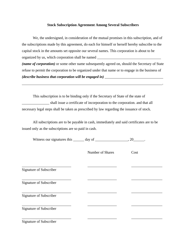 Stock Subscription Agreement  Form