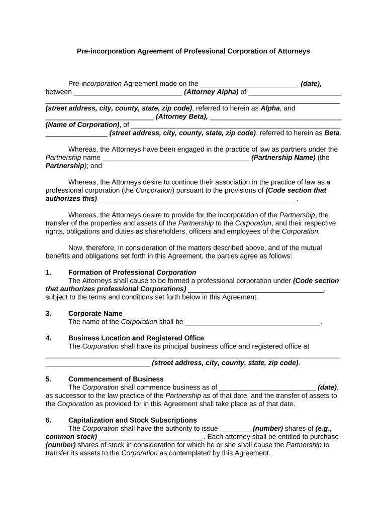 Pre Incorporation Agreement  Form