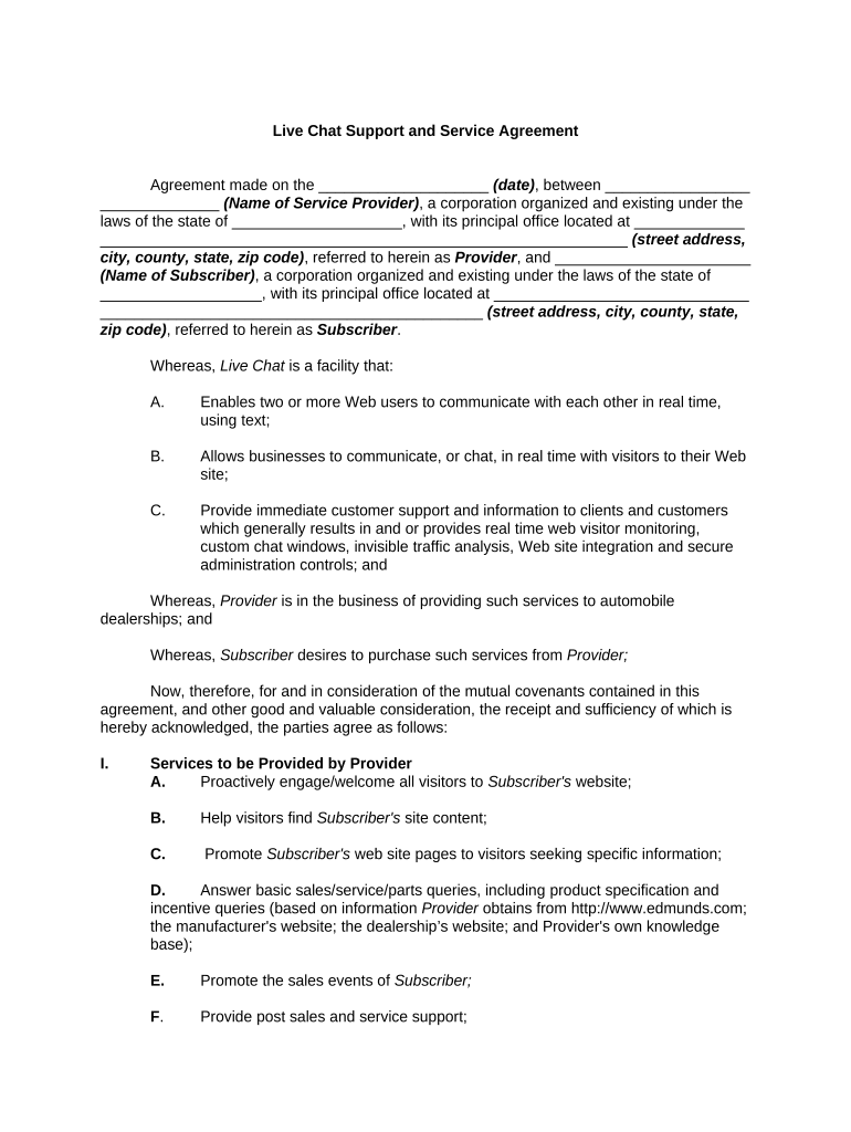 Support Service Agreement  Form