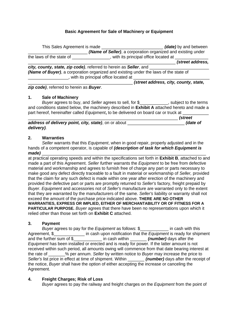 Basic Agreement for Sale of Machinery or Equipment  Form