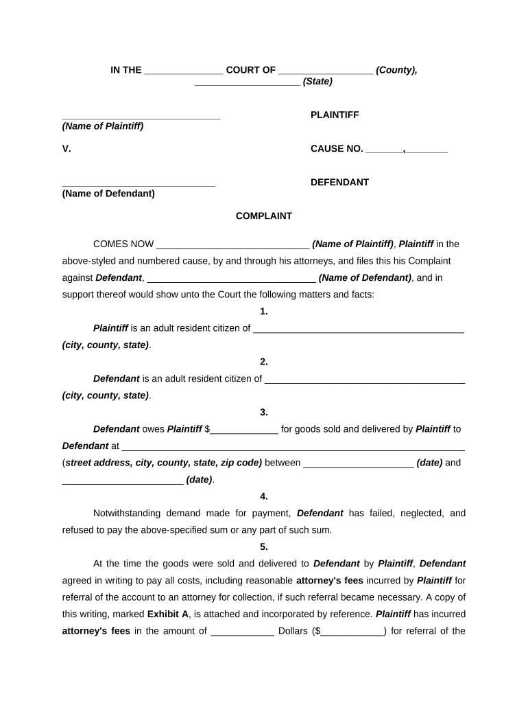 Complaint for on Open Account for Goods Sold and Delivered with Stipulation for Attorney's Fees Breach of Oral or Implied Contra  Form