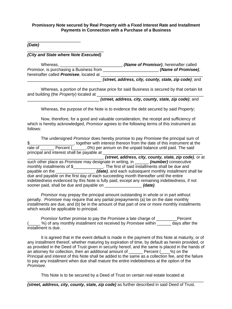 Promissory Note Secured by Real Property with a Fixed Interest Rate and Installment Payments in Connection with a Purchase of a   Form