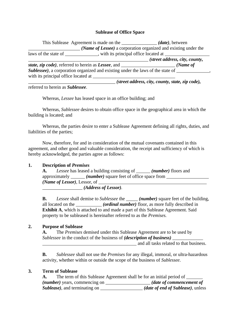 Sublease of Office Space  Form