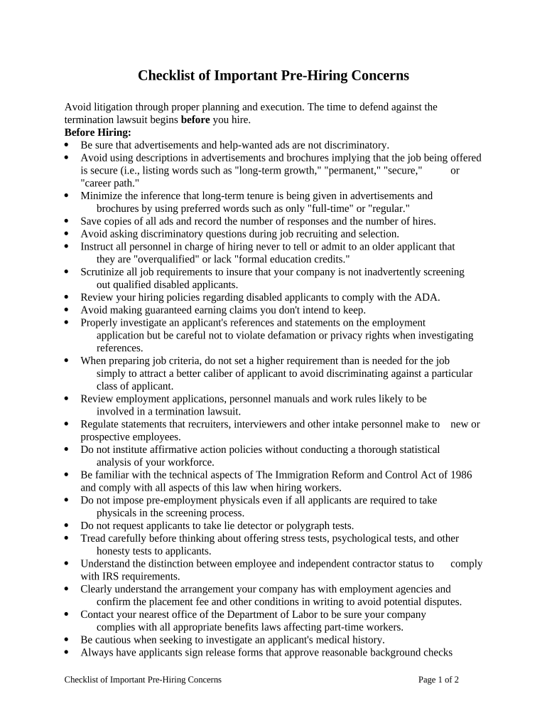 Checklist of Important Pre Hiring Concerns  Form