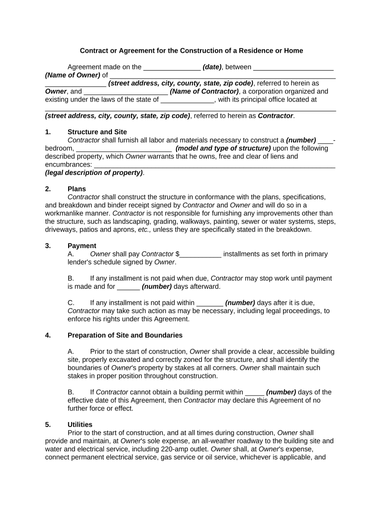 Contract or Agreement for the Construction of a Residence or Home  Form