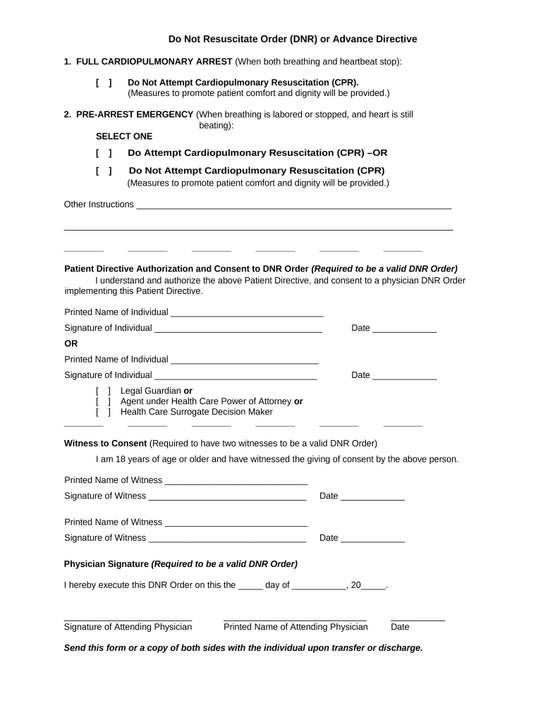 Do Not Resuscitate Order DNR or Advance Directive  Form