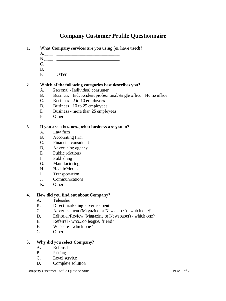 Company Customer Profile Questionnaire  Form