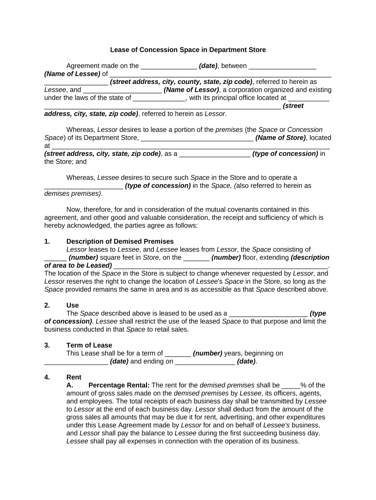 Lease of Concession Space in Department Store  Form