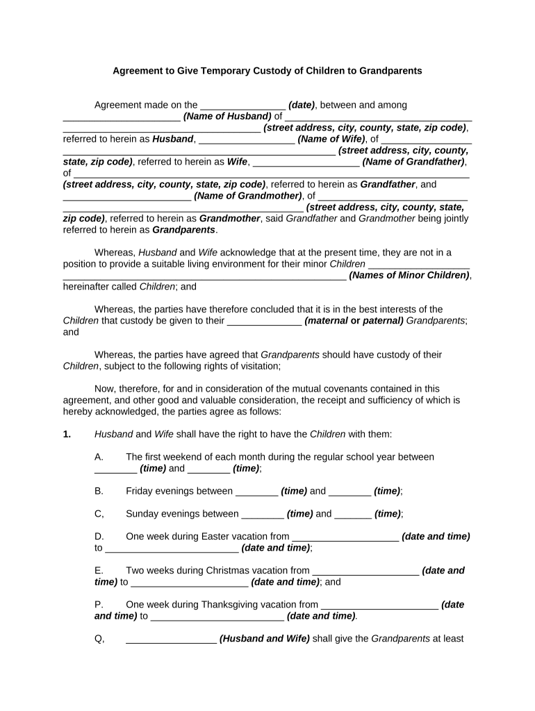 Agreement to Give Temporary Custody of Children to Grandparents  Form