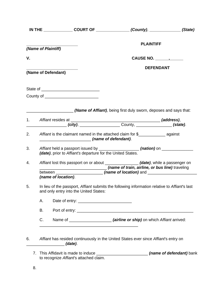 Affidavit in Lieu of Lost Passport  Form