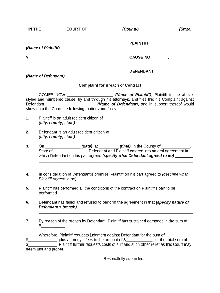 Fill and Sign the General Form of Complaint for Breach of Oral Contract