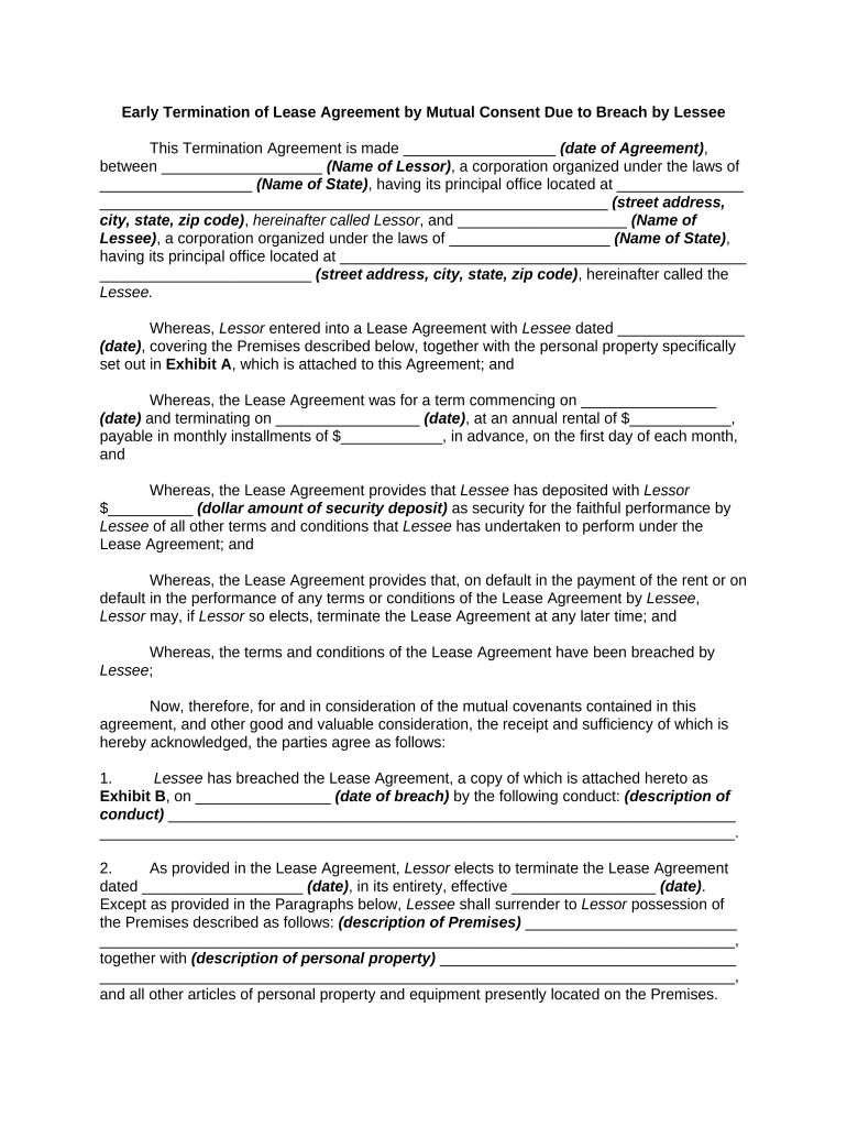 Early Termination Clause for Rental Property for Extroardinary Events  Form