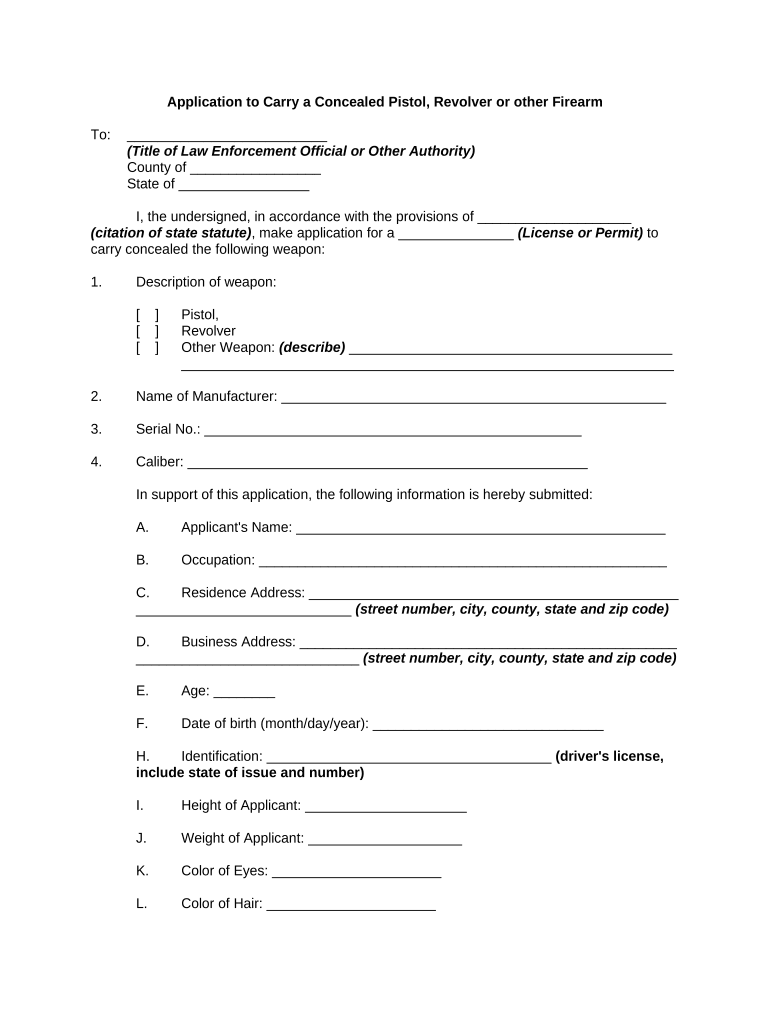 Application to Carry a Concealed Weapon, Pistol, Revolver or Other Firearm  Form