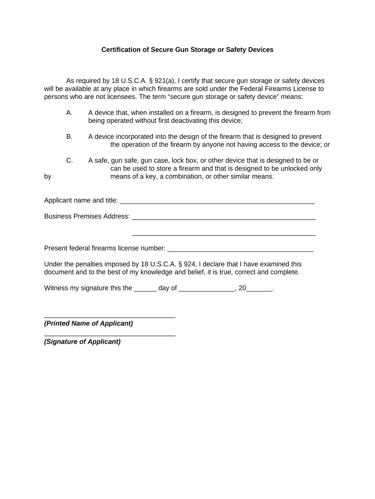 Certification of Secure Gun Storage or Safety Devices  Form