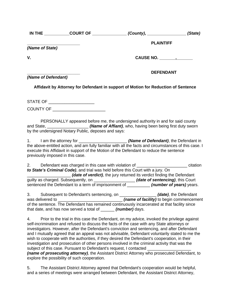 Affidavit by Attorney for Defendant in Support of Motion for Reduction of Sentence for Defendant's Assistance with Another Prose  Form