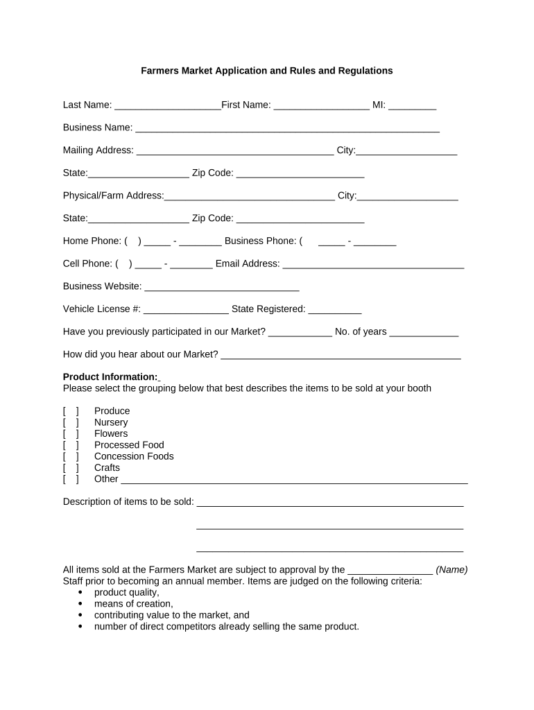 Farmers Market Application and Rules and Regulations  Form