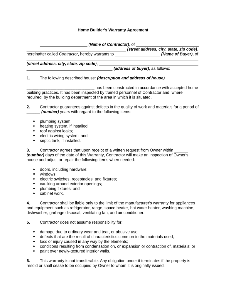 Builder Warranty Template  Form