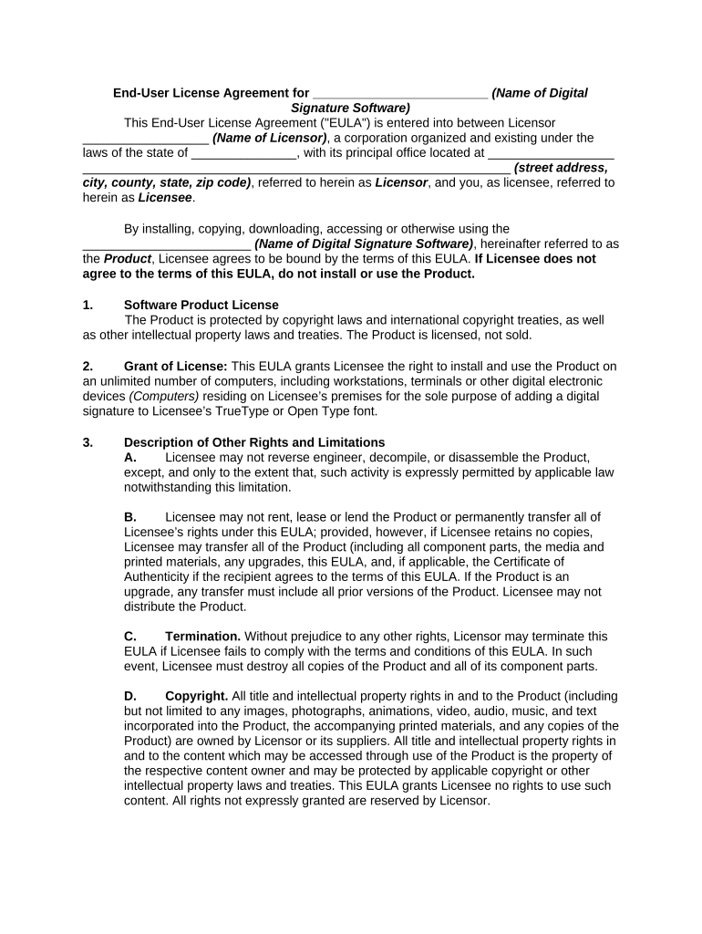 End User License Agreement for Digital Signature Software  Form