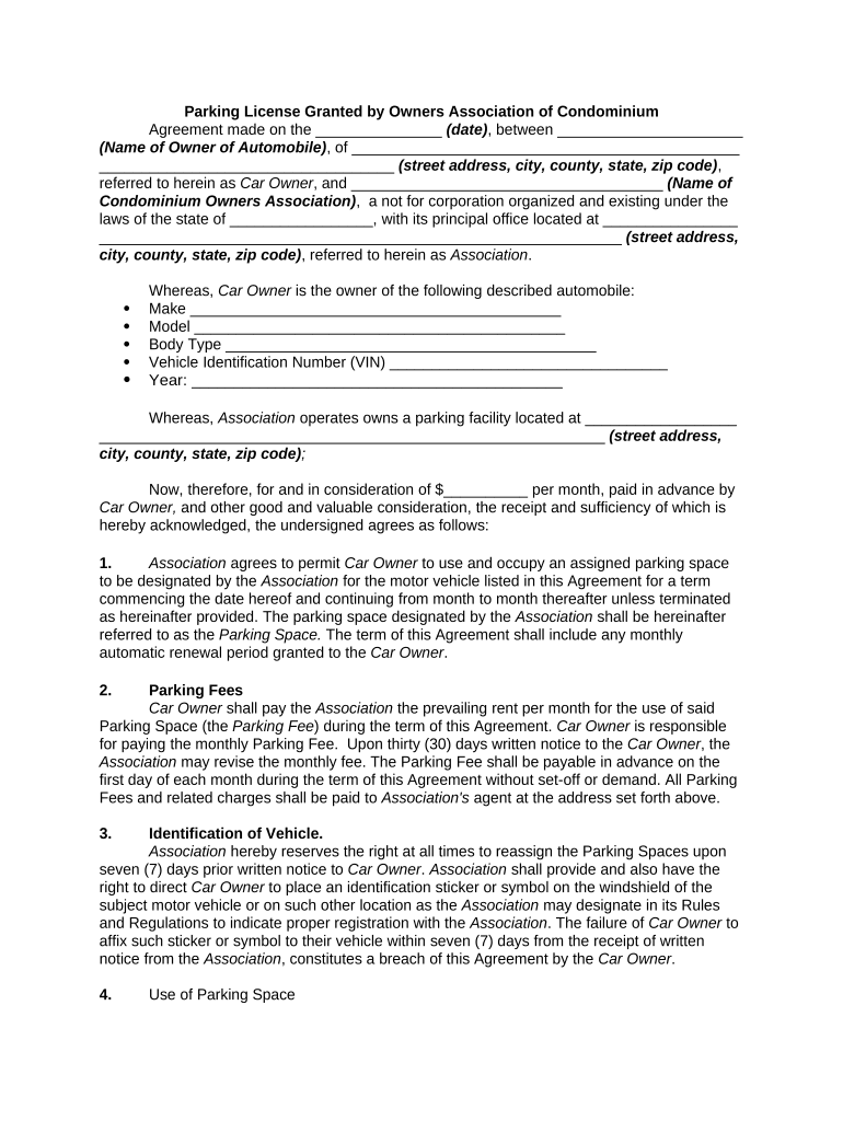 Parking License Granted by Owners Association of Condominium  Form