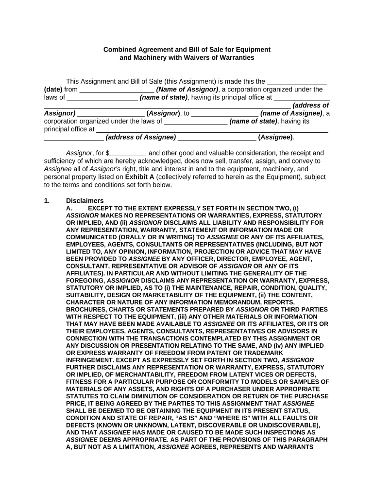 Equipment Bill of Sale  Form