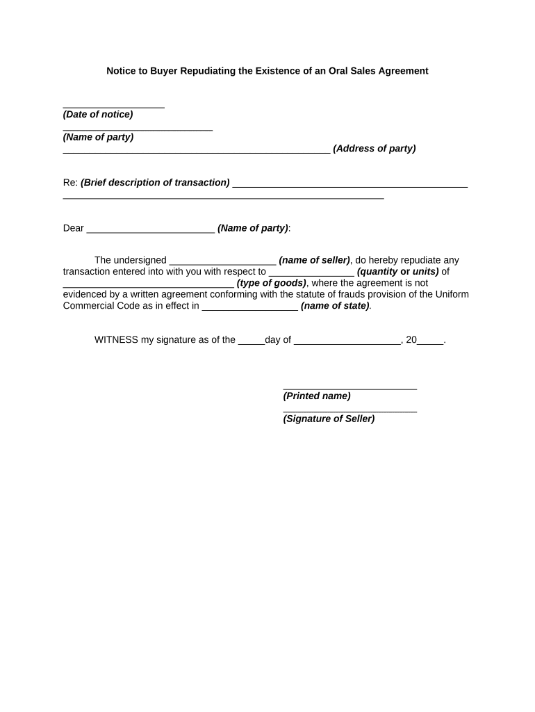 Notice to Buyer Repudiating the Existence of an Oral Sales Agreement  Form