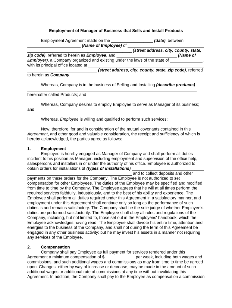 Employment of Manager of Business that Sells and Install Products  Form