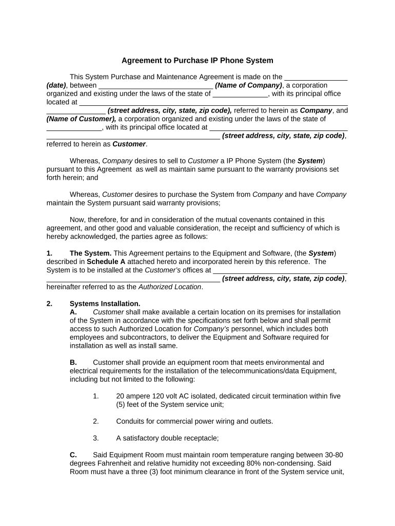 Agreement to Purchase IP Phone System  Form