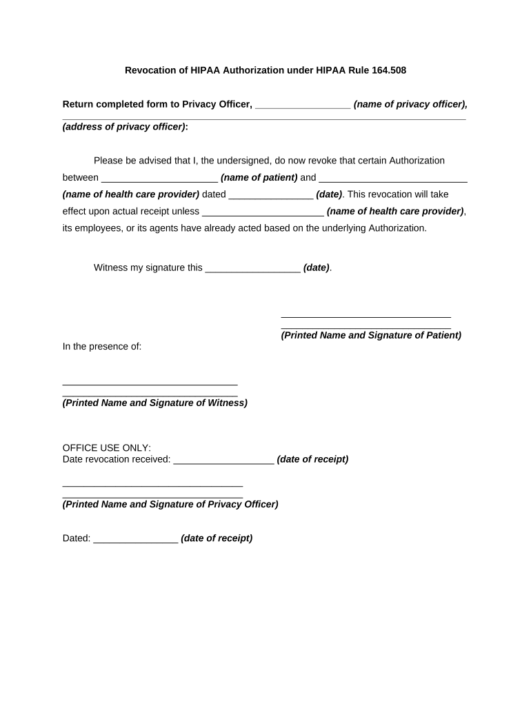 Revocation of HIPAA Authorization under HIPAA Rule 164 508  Form