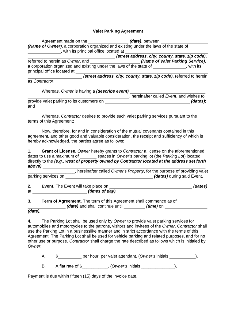 Parking Agreement Template  Form