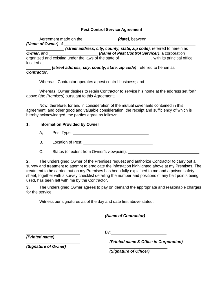 Pest Control Agreement  Form