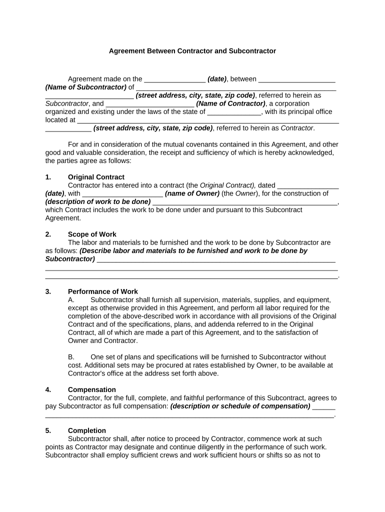 Contractor Subcontractor  Form