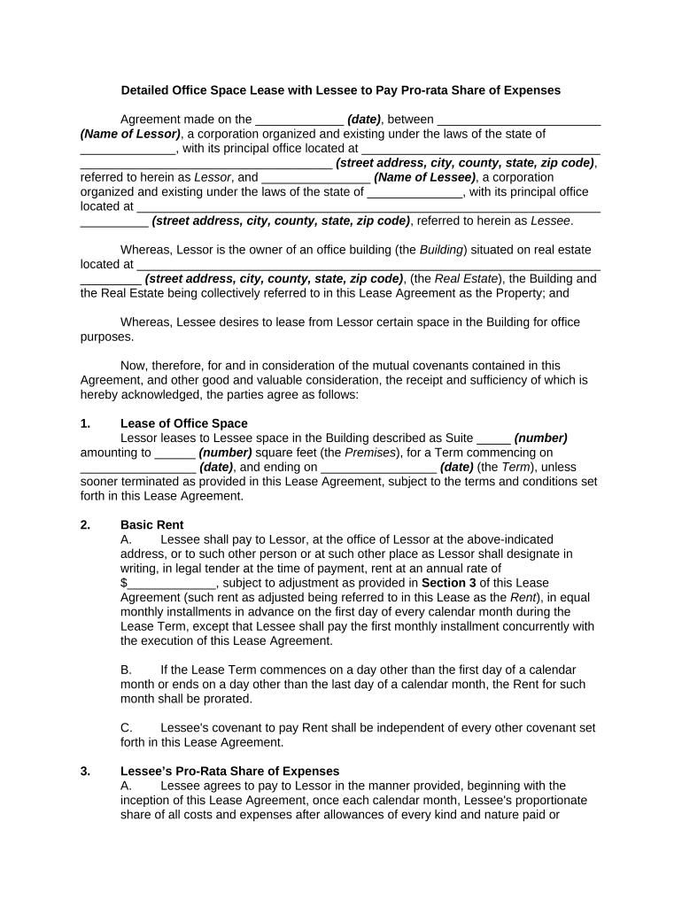 Detailed Office Space Lease with Lessee to Pay Pro Rata Share of Expenses  Form