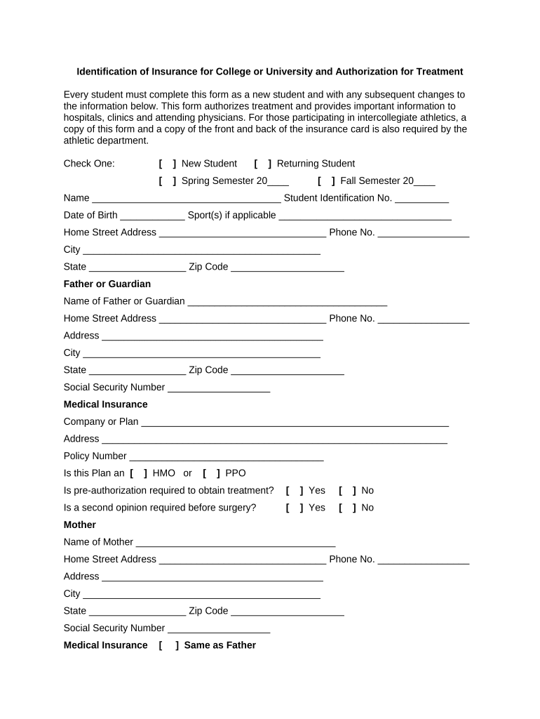 Identification of Insurance for College or University and Authorization  Form