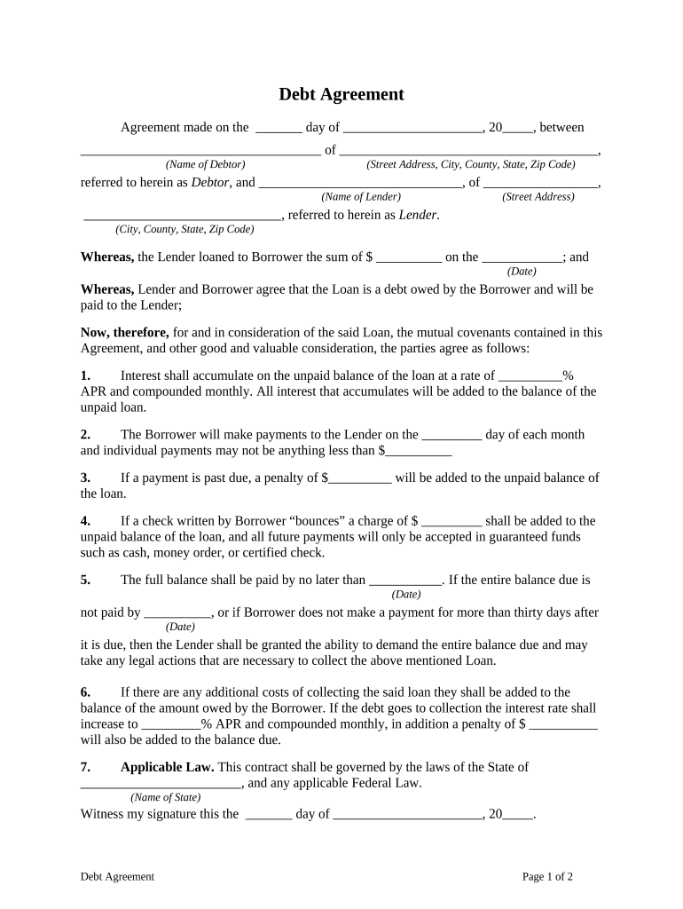 Debt Contract Template  Form