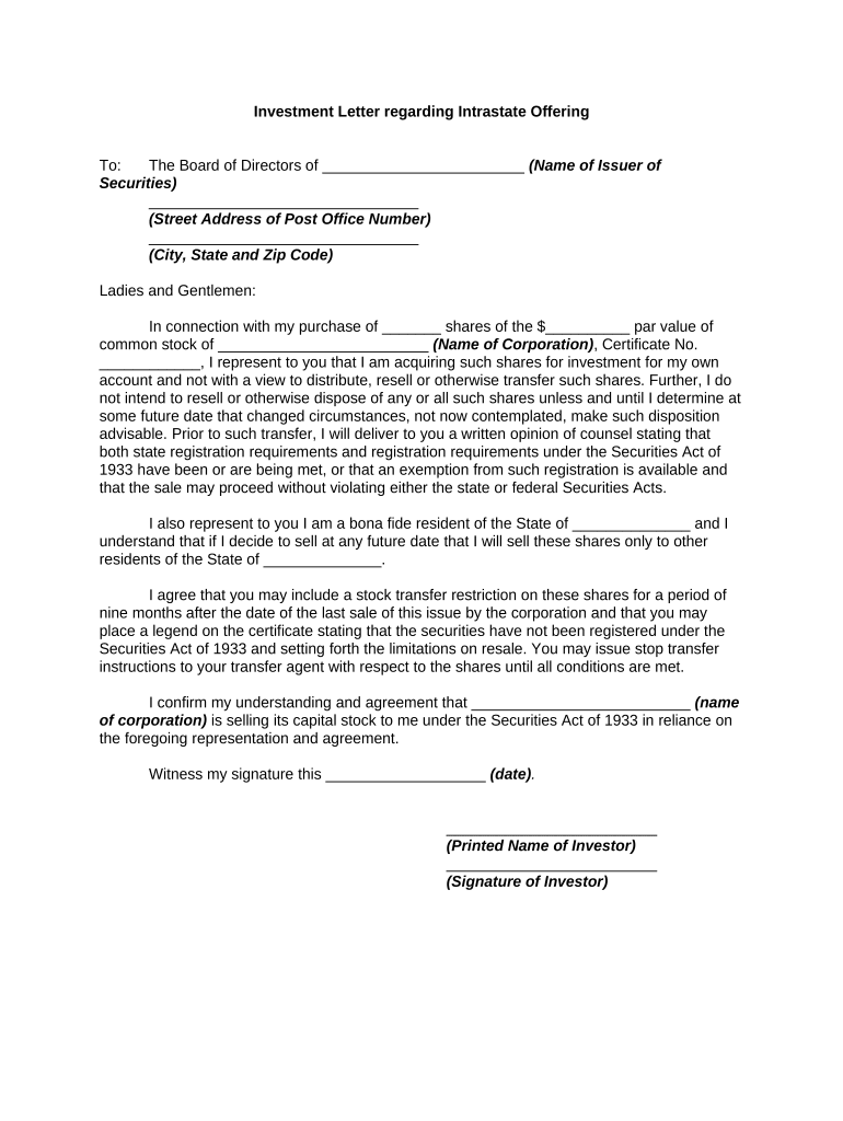 Investment Letter Offering  Form