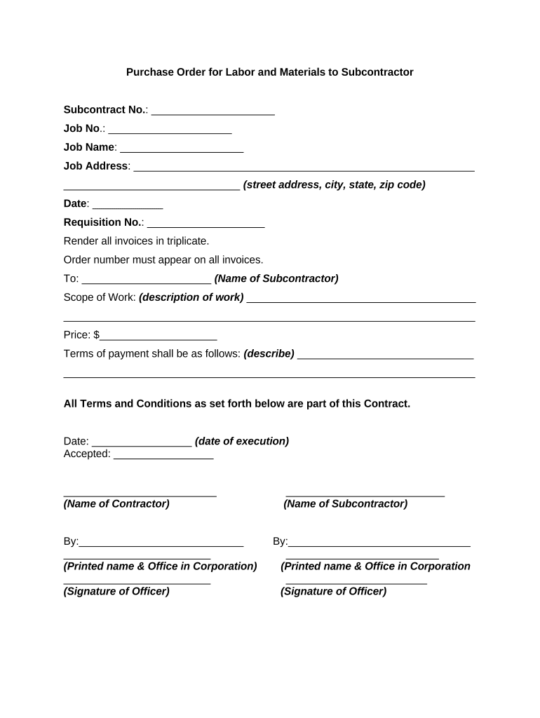 Purchase Order Subcontractor  Form