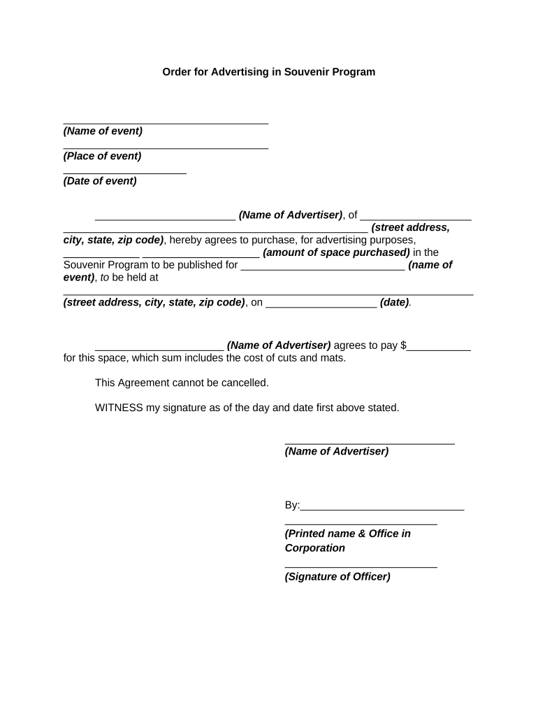 Order for Advertising in Souvenir Program  Form