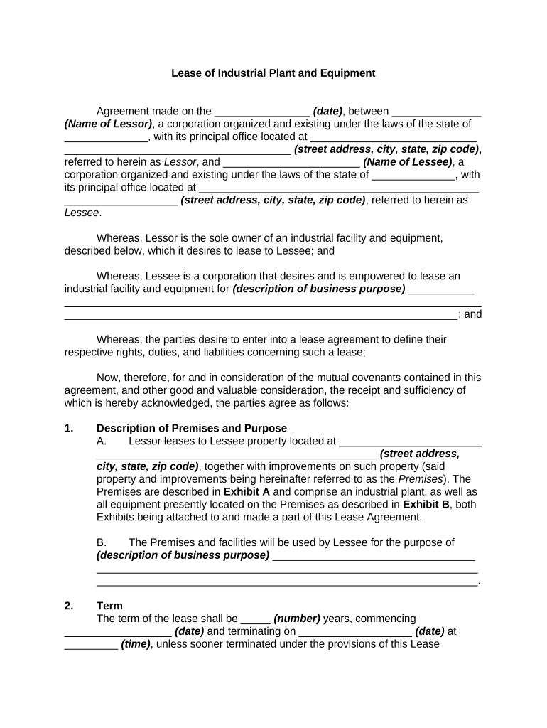 Lease of Industrial Plant and Equipment  Form