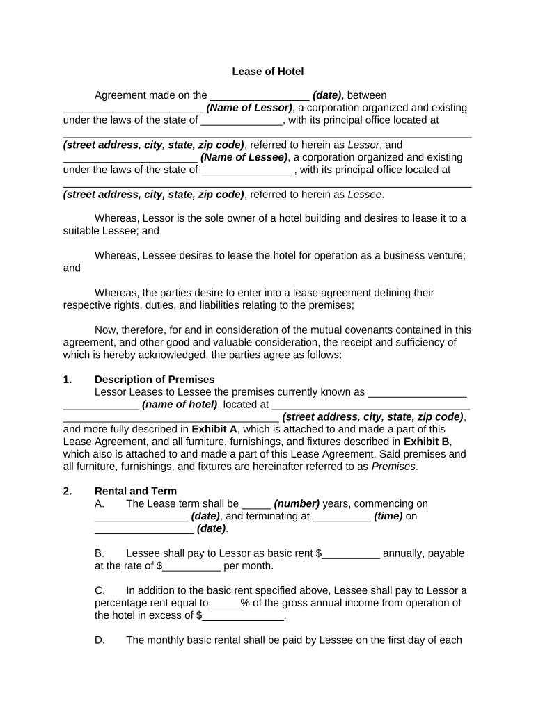 Lease of Hotel  Form