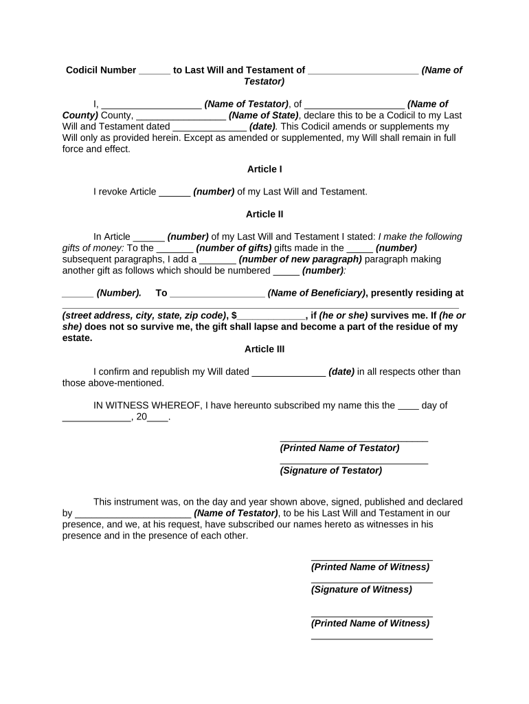 Changing Will with Codicil to Will Adding New Bequest and Republishing  Form