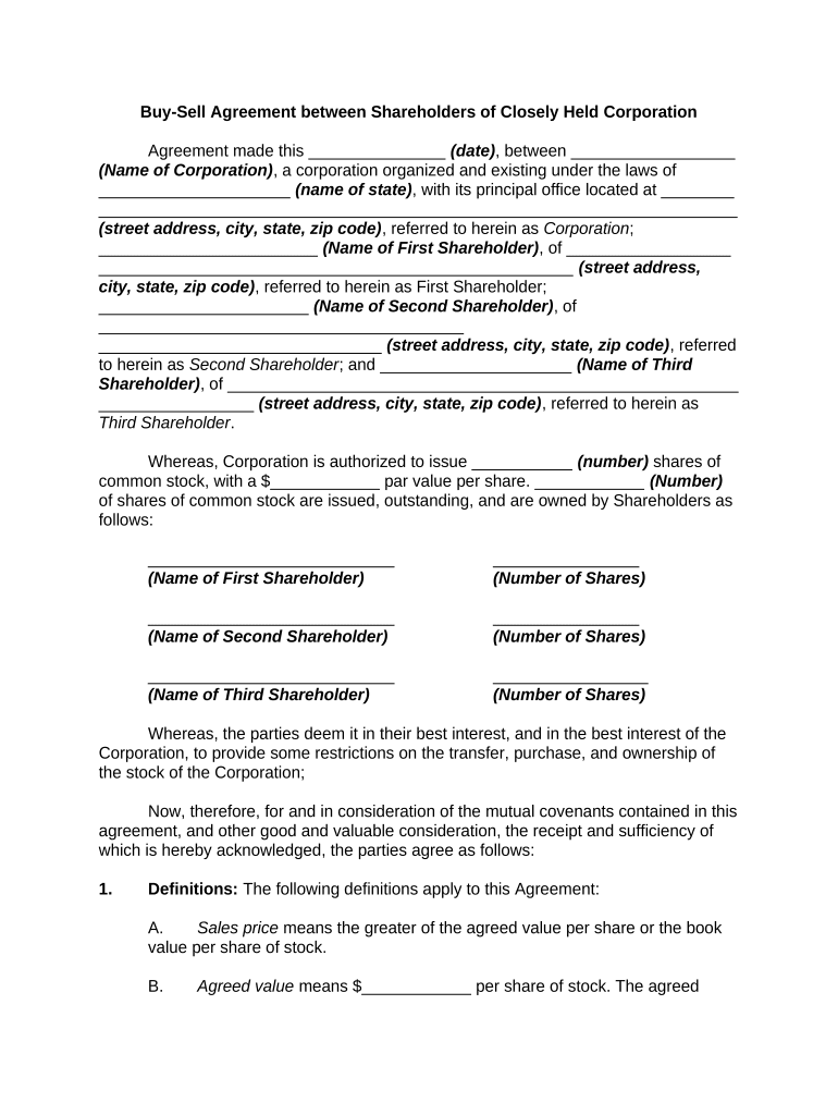 Closely Held Corporation Agreement  Form